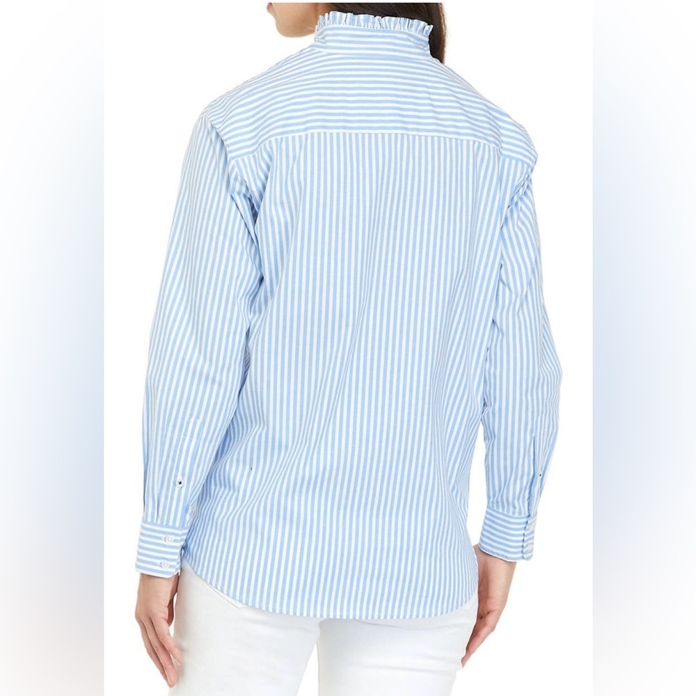 Crown & Ivy Women’s Medium Light Blue Striped Dress Shirt with ruffle detail - Picture 2 of 8